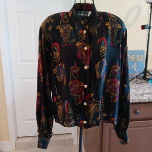 Vintage 90s Liz Claiborne Top with Military Uniforms and Helmets Print